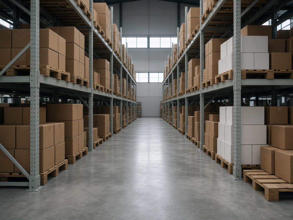 A warehouse aisle between racks of stock