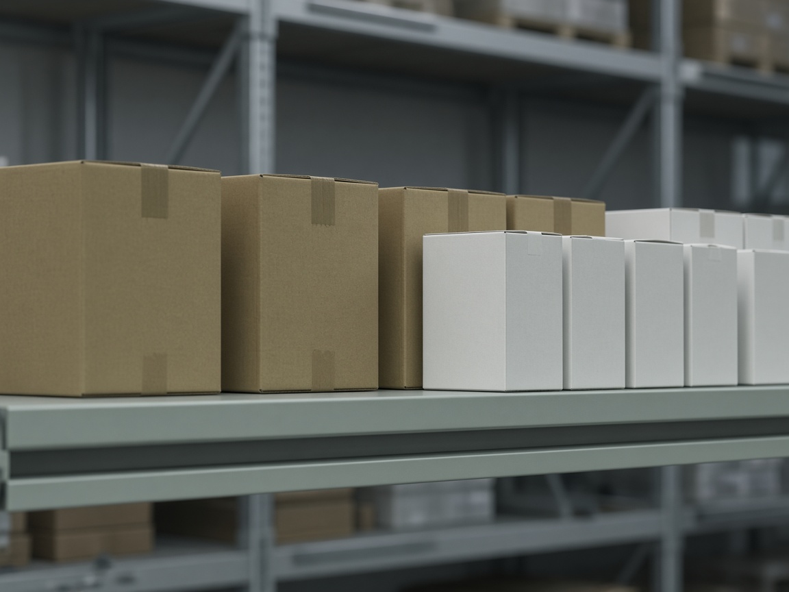 Cartons lined up on a warehouse shelf